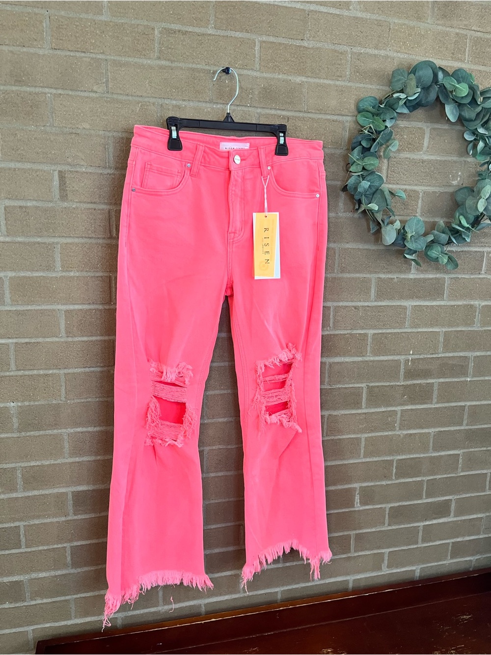 Neon Pink Distressed Cropped Women's Jeans - Picture 2 of 4